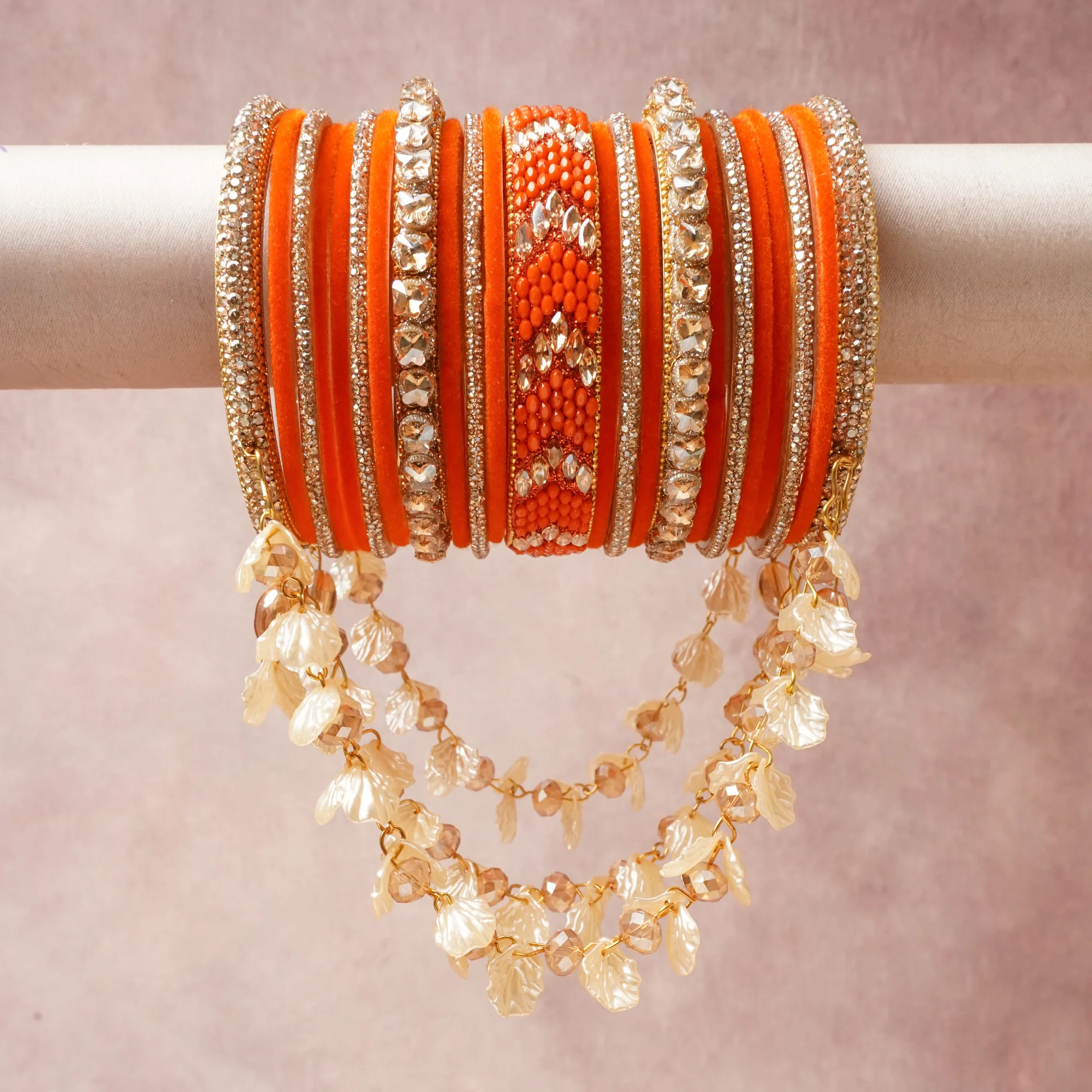 A majestic Burnt Orange set, complemented by Gold, Silver, Clear Crystal, Coral Orange, Pearlescent Cream, Champagne Crystal featuring Velvet, Gold-toned Metal, Silver-toned Metal, Glass Crystals, Glass Beads, Pearlescent Acrylic.
Rich, ceremonial, and designed to be passed through generations.